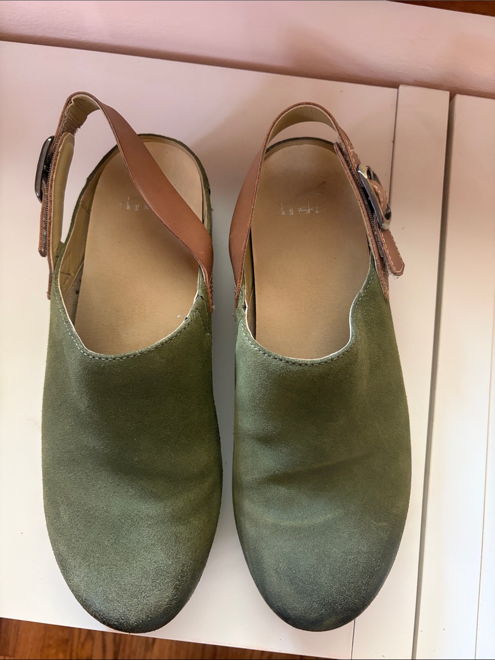 Dansko Olive Green Suede Slingback Clogs with Tan Strap